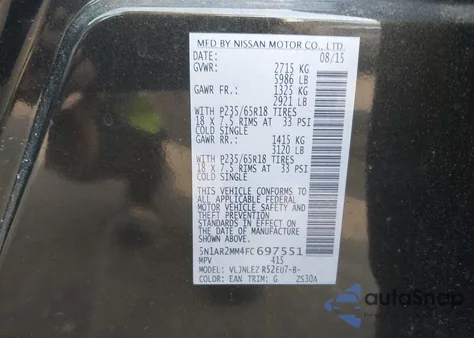 2015 Nissan Pathfinder S/Sv/Sl/Platinum from USA, damaged, VIN 5N1AR2MM4FC697551